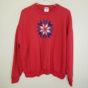 Jerzees Women's Sweatshirt XL Quilt Floral Red White Blue Vintage